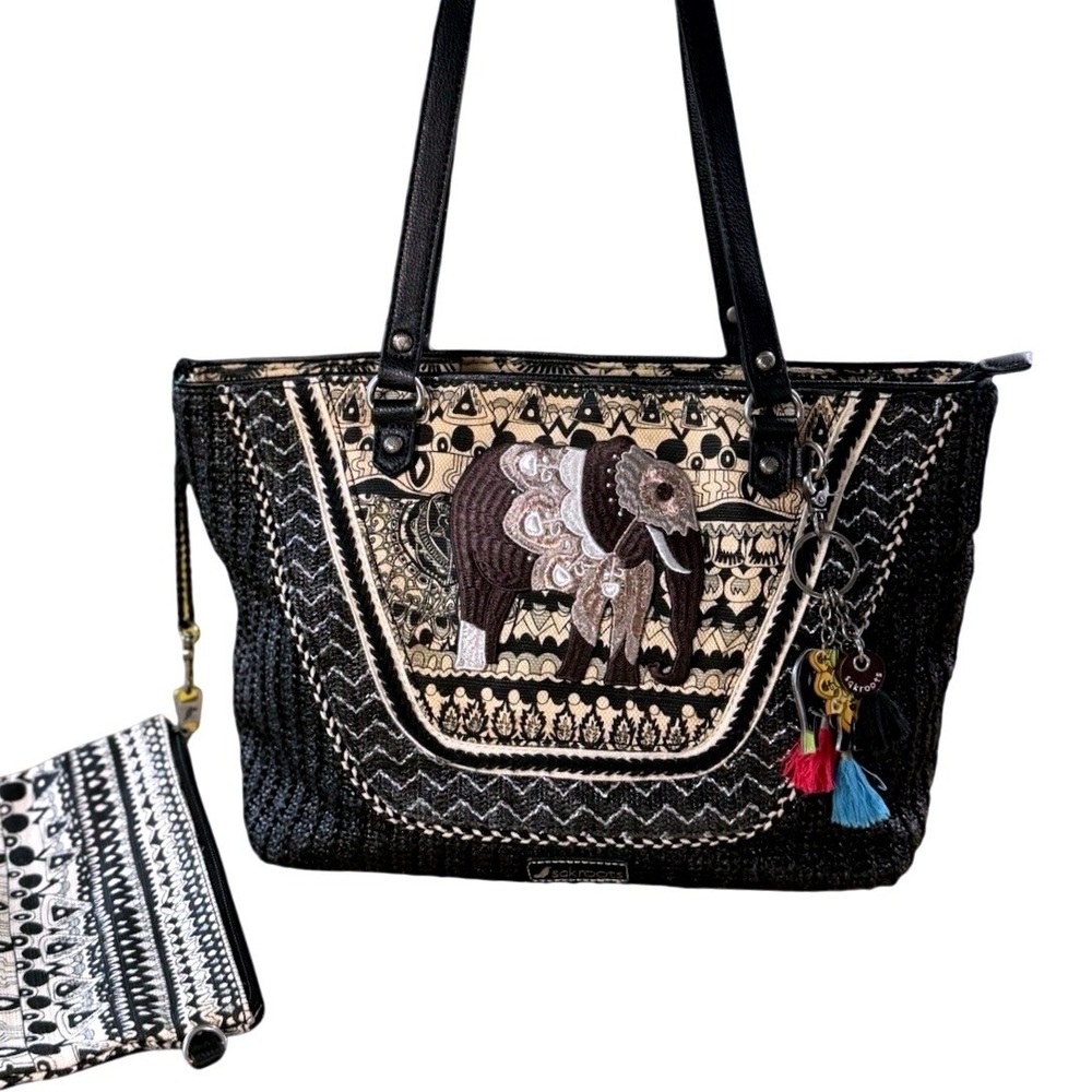 Sakroots Artist Circle Tote With Charm & Black Elephant Crochet Pouch